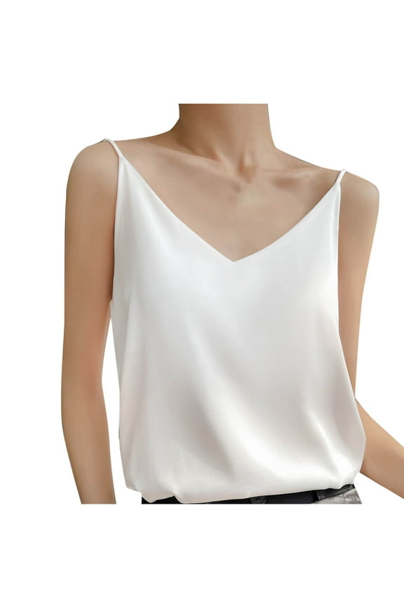 Women's Summer Casual Sleeveless Tank Top V-Neck Solid Satin Vest Basic Comfy Relaxed Party Travel Beachwear, White 3XL