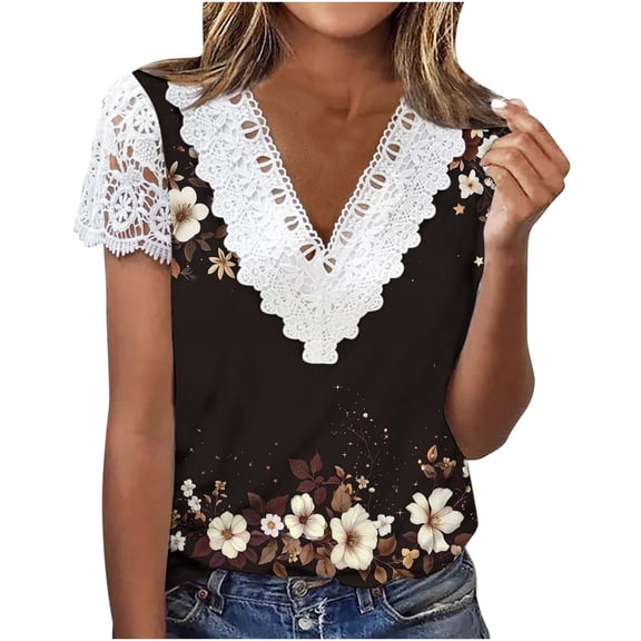 Staron Women's Summer Casual V Neck Short Sleeve Button Top Digital Print Lace Blouse Fashion Party Vacation Tunic, XXL