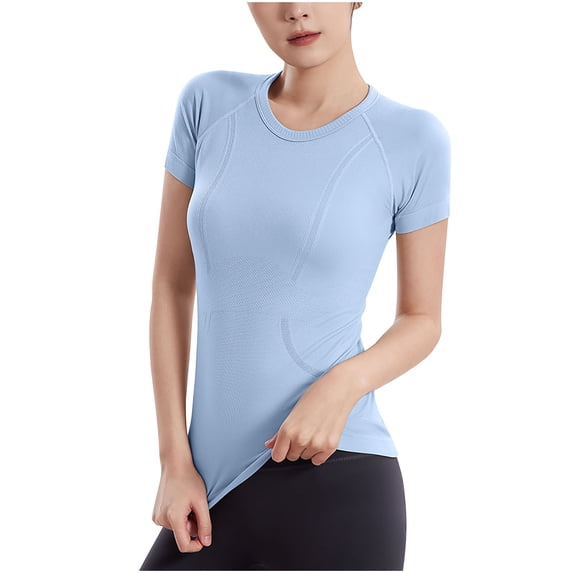 Staron Women's Summer Stretch Sports Short Sleeve Yoga Top Round Neck Casual Fitted Tee Shirt, Blue M