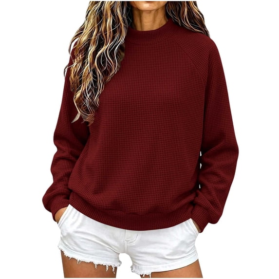 Staron Women's Sweater Knitted Ribbed Round Neck Long Sleeve Casual Comfy Pullover Tops Fall Winter Fashion Solid Knitwear Wine M
