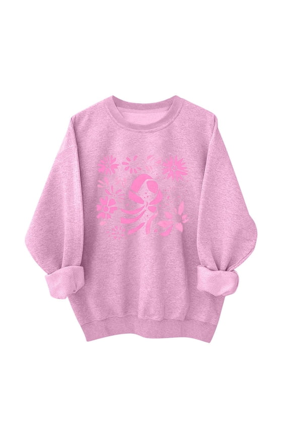Women's Sweater Soft Floral Graphic Print Round Neck Long Sleeve Loose Casual Comfy Oversized Tops, Pink XS