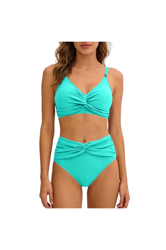 Women's Swimsuit High Waisted Bikini Set Solid Color Conservative Fashionable Split Two Piece Beach Vacation Swimwear, Mint Green L