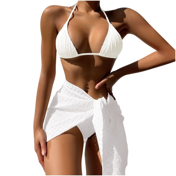 Staron Women's Swimsuit Set Two Piece Bikini Solid Color Casual Beach Vacation Swimwear with Removable Bra Pads, White L
