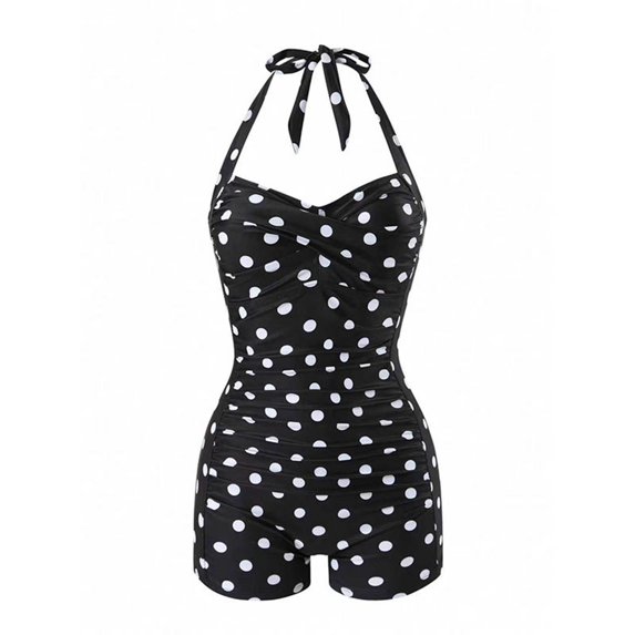 Staron Women's Swimsuits Vintage High Waisted One Piece Bathing Suit V Neck Adjustable Straps Ruffle Flounce Beach Pool Vacation Swimsuit, Black S