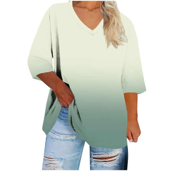 Staron Women's Tops Ombre Print V Neck 3/4 Sleeve Loose Casual Plus Size Fashion T-Shirt, Mint Green 4XL