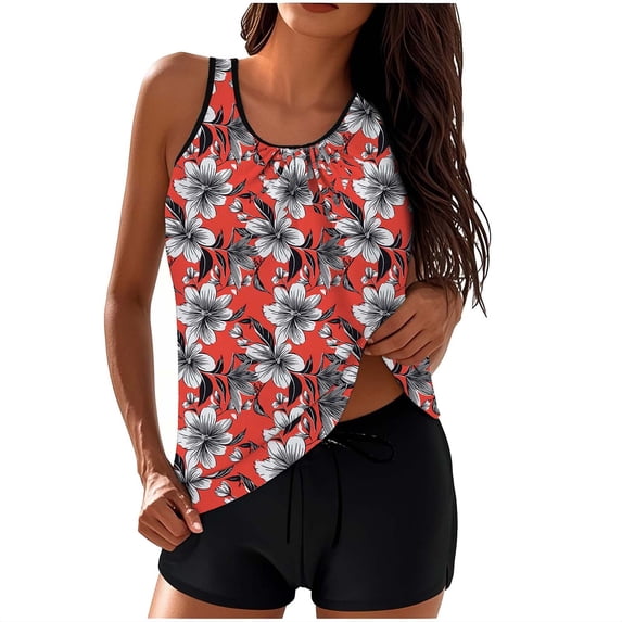 Staron Women's Two Piece Swimsuit High Waisted Bikini Set Sporty Crop Top with Shorts Adjustable Straps Removable Padding Print Beach Pool Vacation, XXL