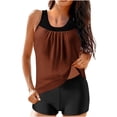 thumbnail image 1 of Staron Women's Two Piece Swimsuits Vintage Modest Swimdress High Waist Tankini Set with Removable Padded Bra Strappy Back Color Blocking Solid Swimsuit, Brown XXL, 1 of 5