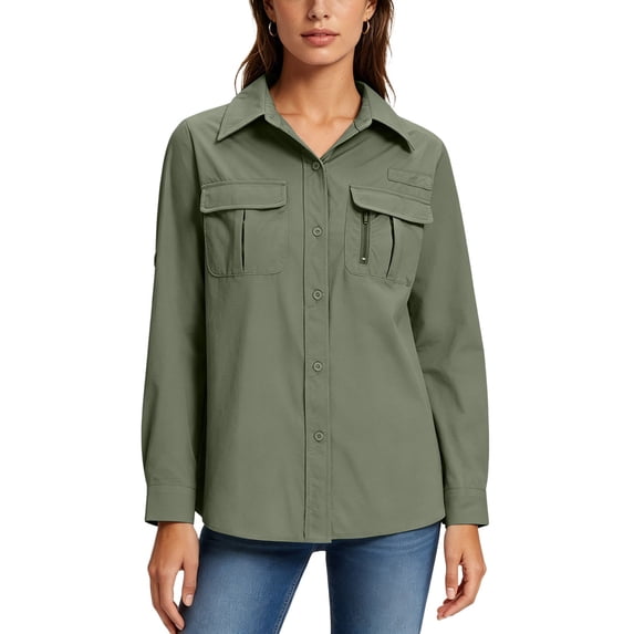 Staron Women's UPF 50 Short Sleeve Sun Protection Shirt Outdoor Fishing Hiking Travel Casual Button Up Shirt with Pockets, Army Green S