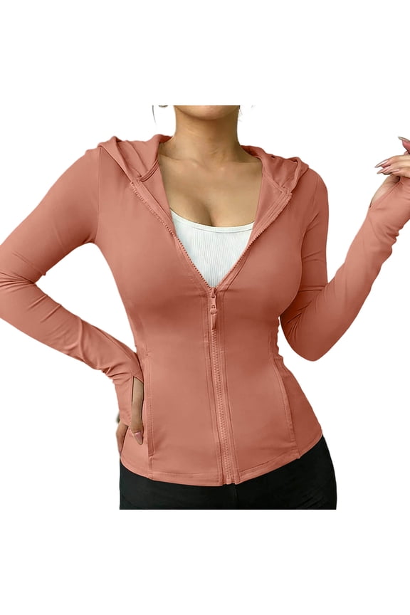 Women's UPF 50+ Sun Protection Hooded Jacket with Thumb Holes Casual Loose Outdoor Sports Zip Front Pullover Top, Rose Gold L