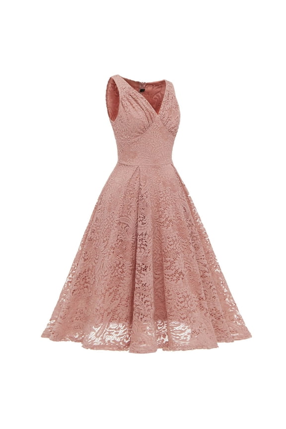 Women's V-Neck Lace Patchwork Draped Cocktail Party Evening Dress Sleeveless Elegant Formal Gown, Pink M