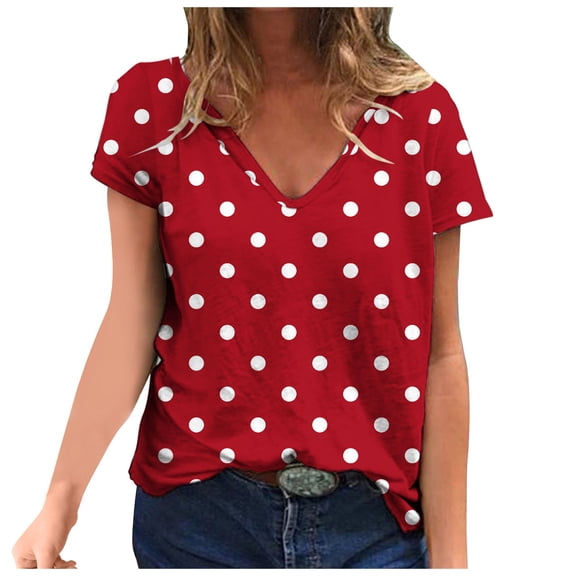 Staron Women's V-Neck Polka Dot Print T-Shirt Vintage Casual Short Sleeve Top Fashion Comfortable Spring Summer Basic Tee, Red XXL