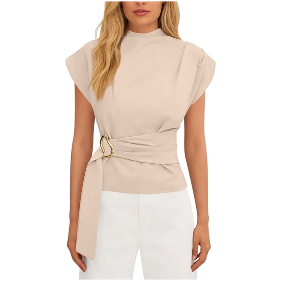 Staron Women's V-Neck Short Sleeve Top Casual Blouse Fold Bandage Wrap Pullover Basic Comfy Shirt, Khaki S