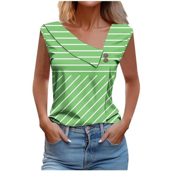 Staron Women's V-Neck Sleeveless Casual Summer Top V-Stripe Print Tank Blouse Loose Comfy Vacation Beach Travel, Green M
