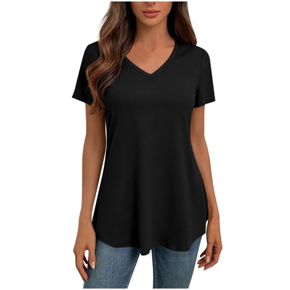 Staron Women's V-Neck Tunic Blouse Casual Cinched Waist Short Sleeve High-Low Hem Stretch Knit Top, Black XL