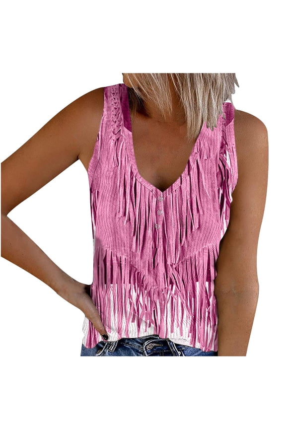 Women's Vintage Ethnic Tassel Print Sleeveless Tank Top Casual Boho Stretch Ribbed Cami Blouse, Pink XXL