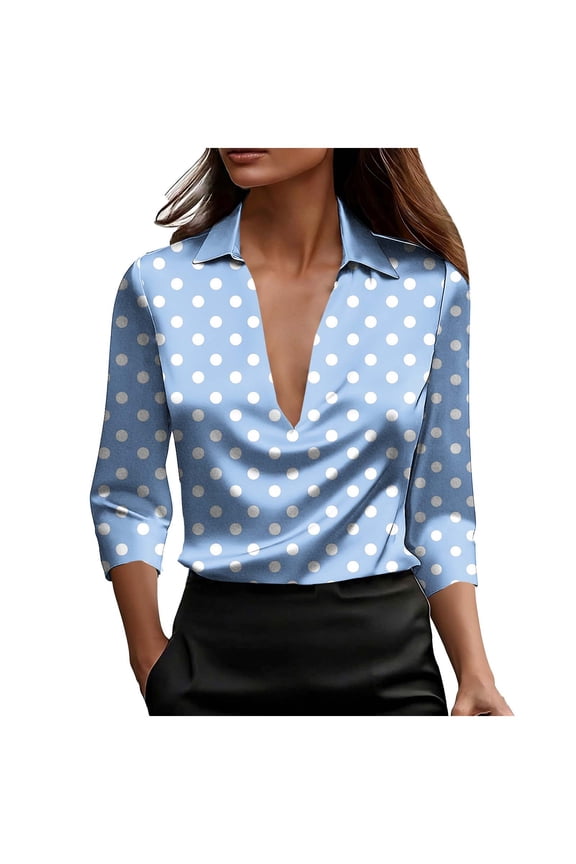 Women's Vintage Printed 3/4 Sleeve Collar Deep V-Neck Top Casual Fashion Retro Blouse for Spring Summer Fall, Light Blue XL