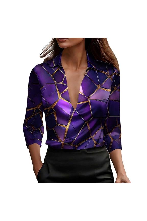 Women's Vintage Printed 3/4 Sleeve Lapel Deep V-Neck Top Casual Fashion Loose Blouse for Spring Summer Fall, Purple L