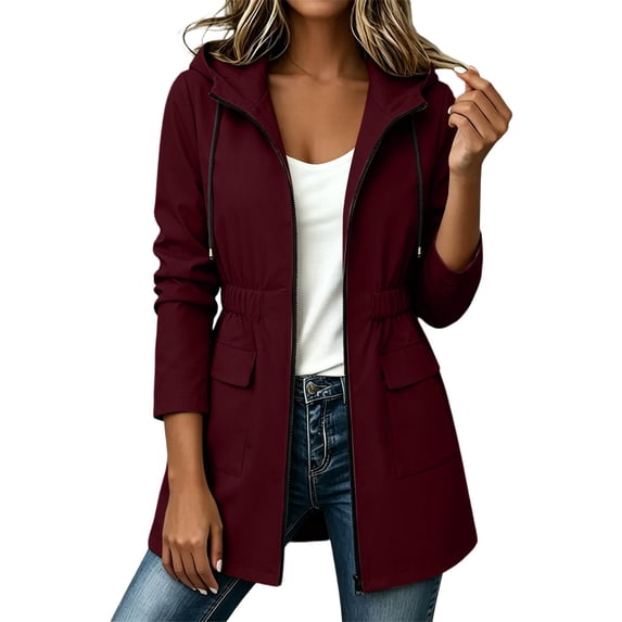 Staron Women's Waterproof Hooded Jacket Casual Zip Up Long Sleeve Windbreaker Coat with Pockets Drawstring Waist Fall Travel Outerwear Wine XL