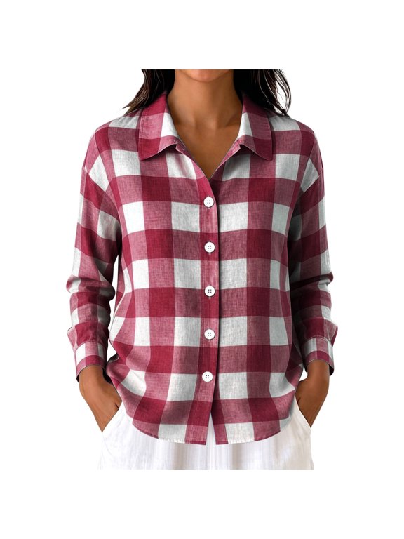 Womens Blouse Button Down Collared Long Sleeve Plaid Casual Loose Lightweight Soft Spring Summer Tops Shirts Casual Printed Blouse, Wine L