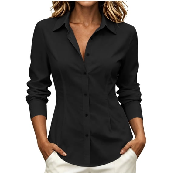 Staron Womens Blouse Button Down Collared Long Sleeve Slim Fit Casual Business Work Shirts for Women Solid Basic Dressy Office Tops Black S