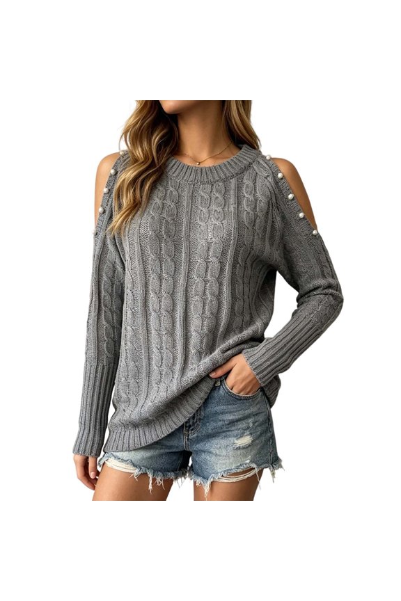 Womens Cold Shoulder Sweaters Crew Neck Cable Knit Long Sleeve Loose Oversized Casual Fall Winter Pullover Tops, Gray 3XL