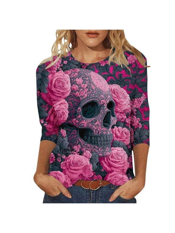 Womens Gothic Floral Skull T-Shirt Round Neck 3/4 Sleeve Loose Casual Boho Tunic Top Day Of The Dead Printed Summer Fall Spring Tee, XXL