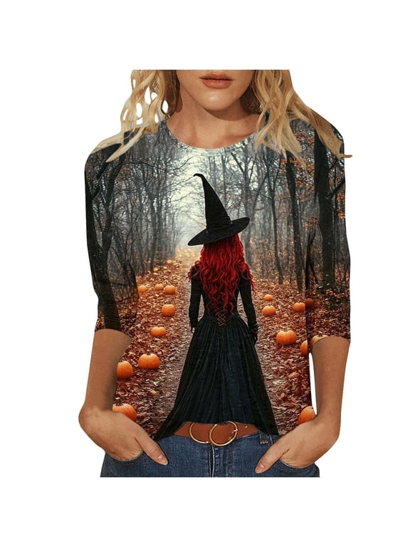 Womens Halloween Tops Gothic Graphic Print Long Sleeve Round Neck Loose 3/4 Sleeve Casual Fall Autumn Tunic Tee, S