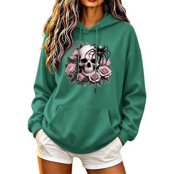 Staron Womens Hoodies Graphic Skull Floral Print Pullover Hooded Long Sleeve Crewneck Casual Oversized Sweatshirt Tops, Army Green M