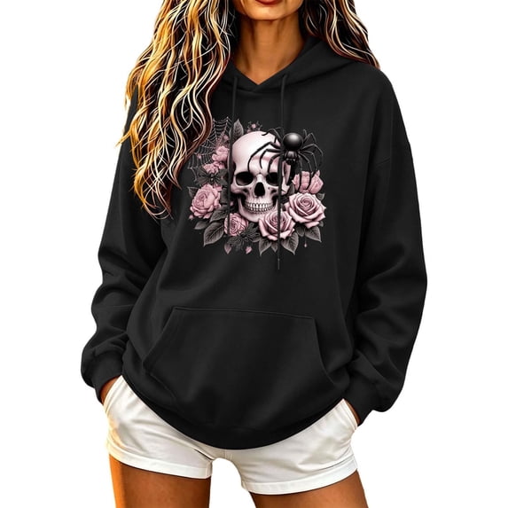 Staron Womens Hoodies Graphic Skull Floral Print Pullover Hooded Long Sleeve Crewneck Casual Oversized Sweatshirt Tops, Black L