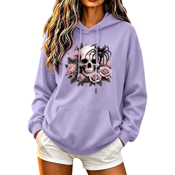 Staron Womens Hoodies Graphic Skull Floral Print Pullover Hooded Long Sleeve Crewneck Casual Oversized Sweatshirt Tops, Purple XXL
