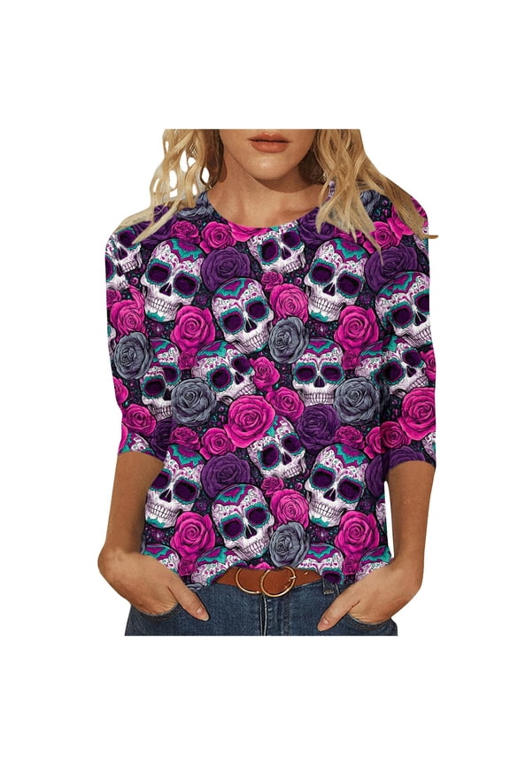 Womens Skull Floral Gothic Tops Casual Trendy Round Neck 3/4 Sleeve Loose Tshirt Summer Boho Party Vacation Travel Printed T-Shirt, L