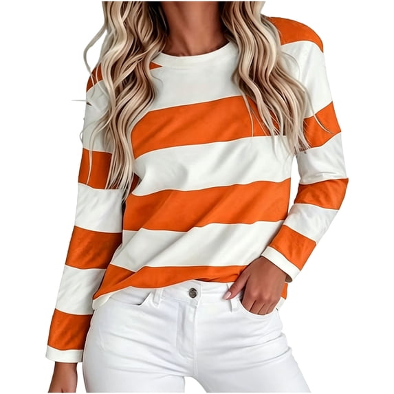 Staron Womens Striped Sweaters Casual Loose Long Sleeve Crew Neck Pullover Tunic Tops Spring Fall Fashion Comfy Knit Blouse, Orange 5XL