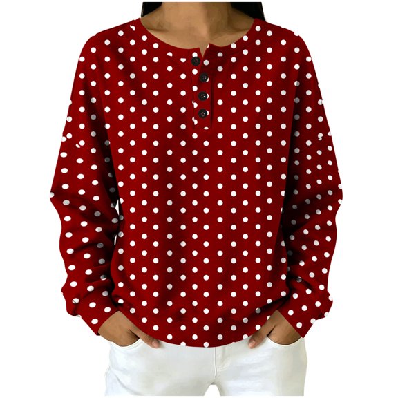 Staron Womens Tops Button Down Round Neck Long Sleeve Polka Dot Casual Basic Loose Lightweight Soft Blouse, Wine XXL