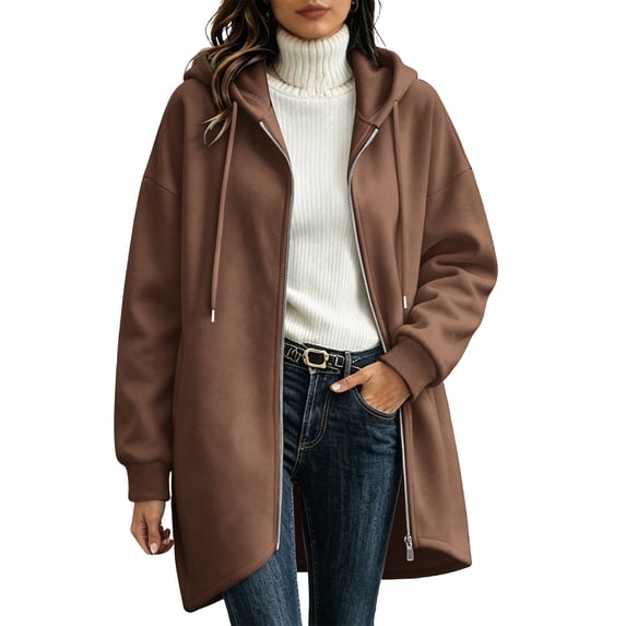 Staron Womens Zip Up Hoodie Oversized Casual Hooded Jacket Long Sleeve Solid Loose Lightweight Fall Long Coat Coffee S