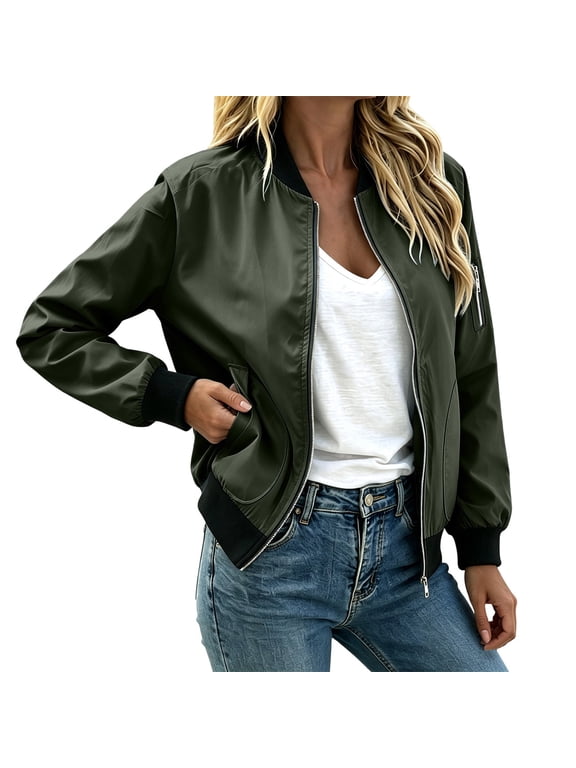 Womens Zip Up Jacket Casual Lightweight Basic Long Sleeve Collared Loose Spring Fall Tops Army Green XXL