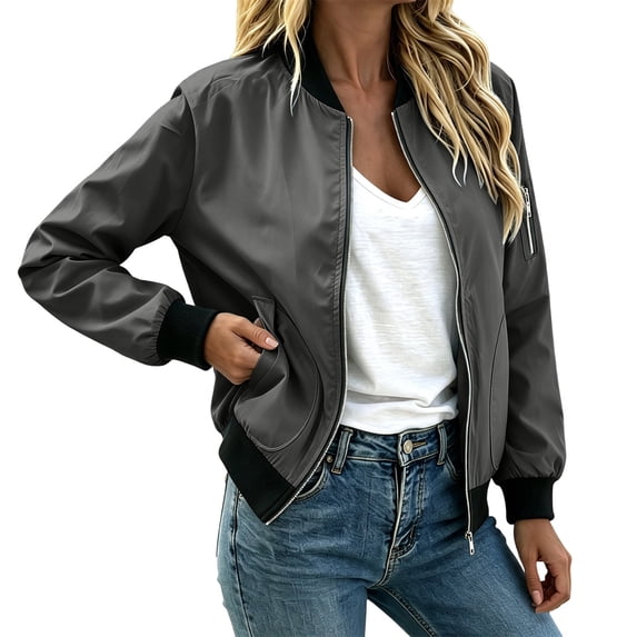 Staron Womens Zip Up Jacket Casual Lightweight Basic Long Sleeve Collared Loose Spring Fall Tops Gray L