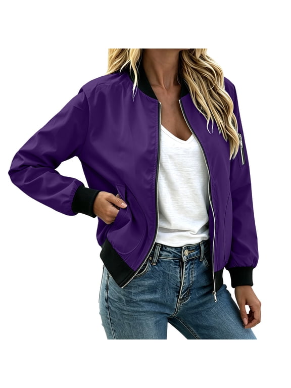 Womens Zip Up Jacket Casual Lightweight Basic Long Sleeve Collared Loose Spring Fall Tops Purple S