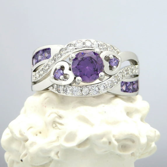 Staron Zircon Filled Twisted Ring S925, Wide Face Women Jewelry Size 6-10, Purple Gemstone Band for Wedding Anniversary
