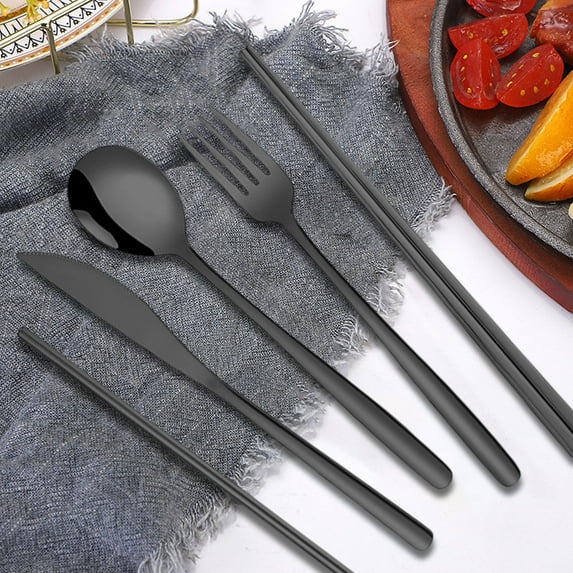 Staron under $5 Korean Stainless Steel Cutlery Set, 7 Pcs Knife Fork Spoon Chopsticks Set, Outdoor Camping Portable Utensils with Storage Bag