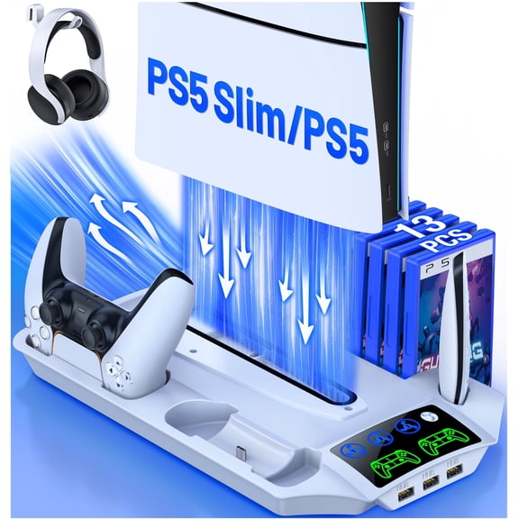 Staronada Cooling Stand for PS5 Slim with Fan & Dual Controller Charger Hub | 2023/2020 PS5 Disc/Digital Edition Organizer with 3-Port USB & Headset Holder