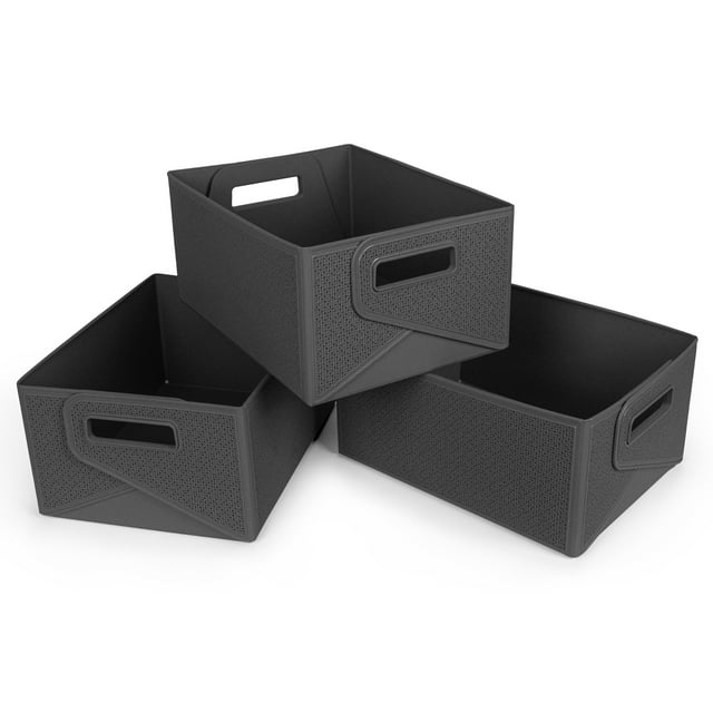 Starplast Collapsible Decorative Plastic Storage Bins, Set of 3, Grey