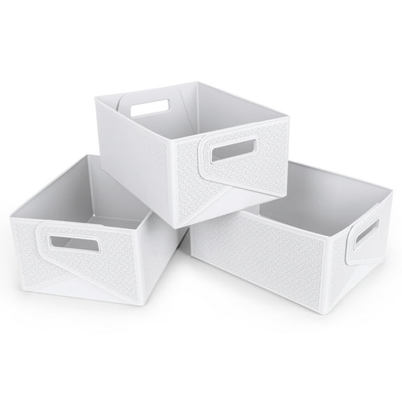 Starplast Collapsible Decorative Plastic Storage Bins, Set of 3, White