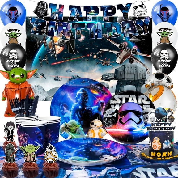 Starr-Warrs Party Supplies,114Pcs Wars Party Decorations & Tableware Set-Wars Party Plates Napkins Cups & Wars Birthday Banner Balloons Cake Toppers etc Wars Birthday Decorations