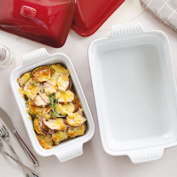 Starry 12.2 in. Ceramic Covered Casserole Dish with Red, 1.9 Quart Deep Lasagna Pan Bakeware