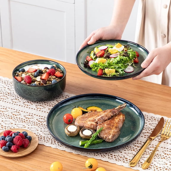 Starry 12-Piece Green Reactive Glaze Ceramic Dinnerware Set for 4 with Microwave and Dishwasher Safe Plates and Bowls