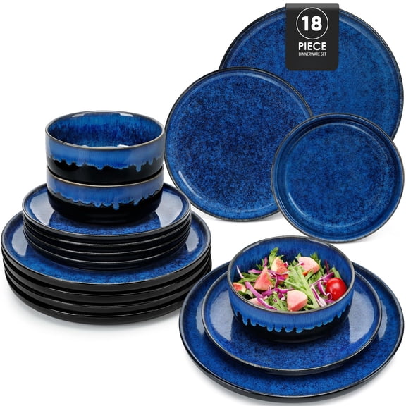 Starry 18 Pieces Dinnerware Sets For 6 Blue Reactive Glaze Dishes Ceramic Plates And Set Dinner Salad Dessert Cereal Dishwasherwave Safe