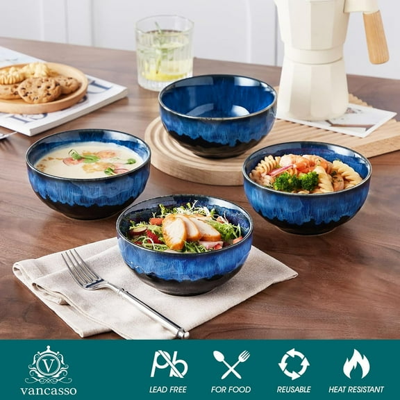 24oz Ceramic Bowls Set of 4, Blue Soup & Cereal Bowls, Dishwasher & Microwave Safe