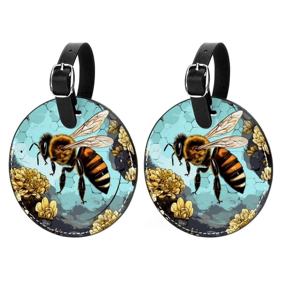 Starry Bees in the Sky 2pcs PU Leather Round Bag Tags with Privacy Cover and Name ID Tag - Suitcase Tags for Travel Luggage, Handbags, Backpacks, School Bags
