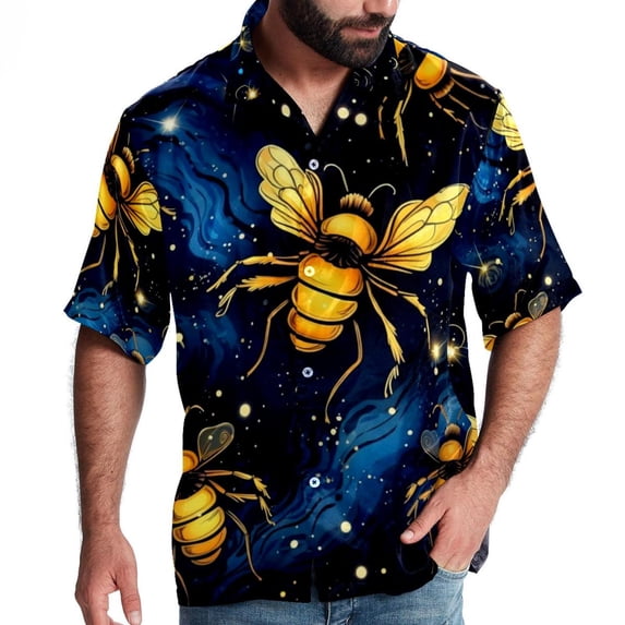 Starry Bees in the Sky Men's Short Sleeve Poplin Shirt with Spread Collar Tops, Casual Printed Button Down, Summer Beach Shirt for Men - Unisex, Stylish Men's Shirts