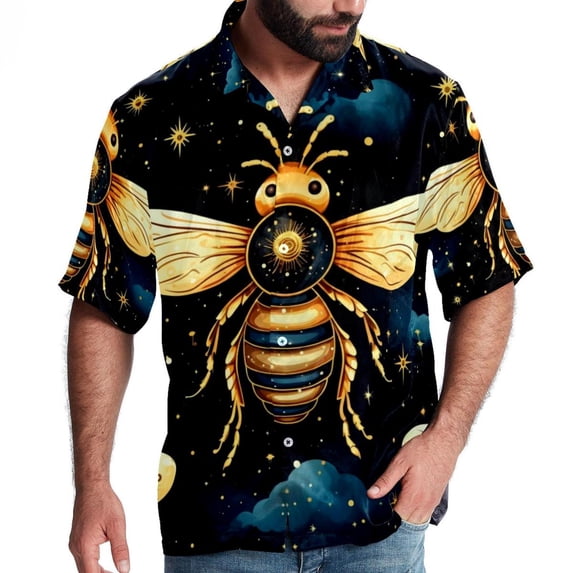Starry Bees in the Sky Men's Casual Printed Button Down Short Sleeve Spread Collar Beach Shirts for Summer, Unisex